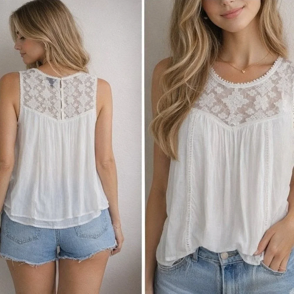 Style & Co White Lace Yoke Sleeveless Blouse Boho Crinkle Top Large - Picture 1 of 8